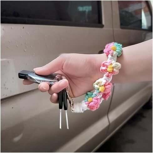 Cute Macrame Keychian Daisy Boho Handmade Wristlet Bracelet Keychain Wrist Lanyard Keyring Holder for Women & Grils in Saudi Arabia