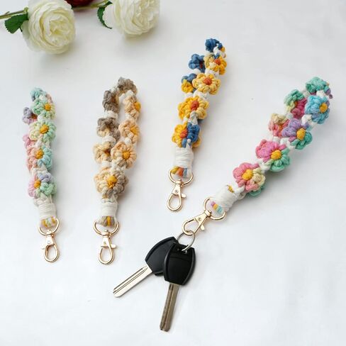 Cute Macrame Keychian Daisy Boho Handmade Wristlet Bracelet Keychain Wrist Lanyard Keyring Holder for Women & Grils in Saudi Arabia