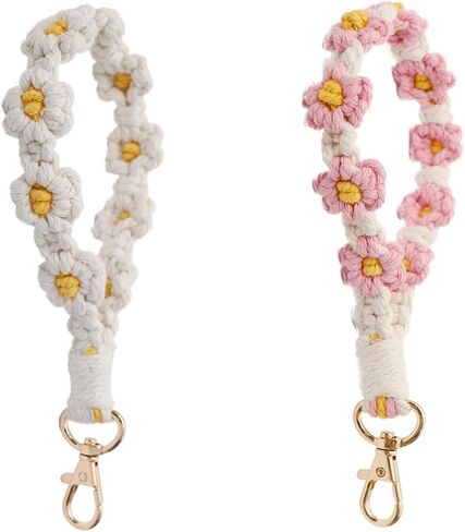 Cute Macrame Keychian Daisy Boho Handmade Wristlet Bracelet Keychain Wrist Lanyard Keyring Holder for Women & Grils in Saudi Arabia
