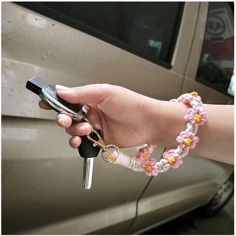 Cute Macrame Keychian Daisy Boho Handmade Wristlet Bracelet Keychain Wrist Lanyard Keyring Holder for Women & Grils in Saudi Arabia