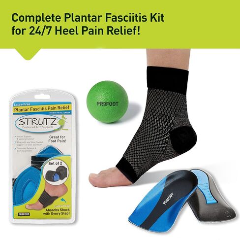 PROFOOT Plantar Fasciitis Pain Relief Kit with Shoe Insoles, Arch Support Cushions, Compression Sleeve & Foot Massage Ball, Men's Size 8-13 (4 Piece Set) in Kuwait