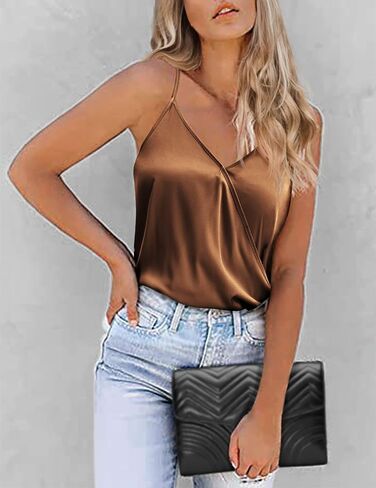 Chigant المرأة الساتان تانك الأعلى الخامس الرقبة عارضة بروتيل الحرير البلوزات الصيف الأساسية قميص بدون أكمام in Kuwait