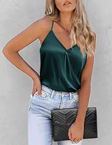 Chigant Women Satin Tank Top V Neck Casual Camisole Silk Blouses Summer Basic Sleeveless Shirt in Saudi Arabia