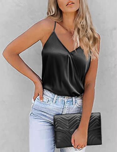 Chigant Women Satin Tank Top V Neck Casual Camisole Silk Blouses Summer Basic Sleeveless Shirt in Saudi Arabia