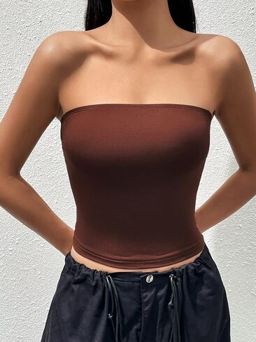 MakeMeChic Women's Casual Solid Sleeveless Strapless Slim Fit Stretch Crop Tube Tops in Saudi Arabia
