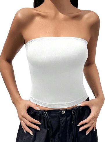 MakeMeChic Women's Casual Solid Sleeveless Strapless Slim Fit Stretch Crop Tube Tops in Saudi Arabia
