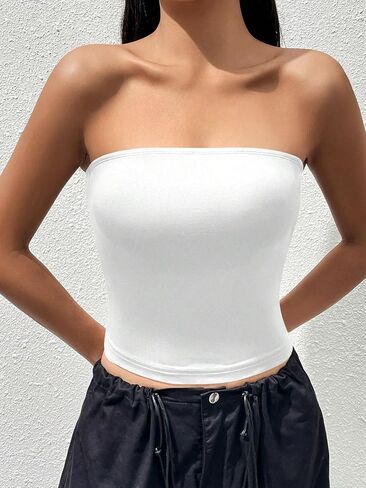 MakeMeChic Women's Casual Solid Sleeveless Strapless Slim Fit Stretch Crop Tube Tops in Saudi Arabia