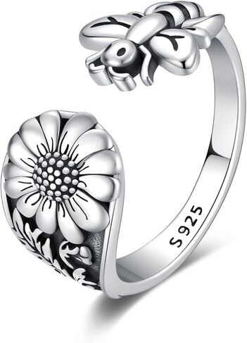 Spoon Ring for Women Men 925 Sterling Silver Bee Flower Rings Open Adjustable Vintage Thumb Rings Jewelry Gifts, Sterling Silver, No Gemstone in Kuwait