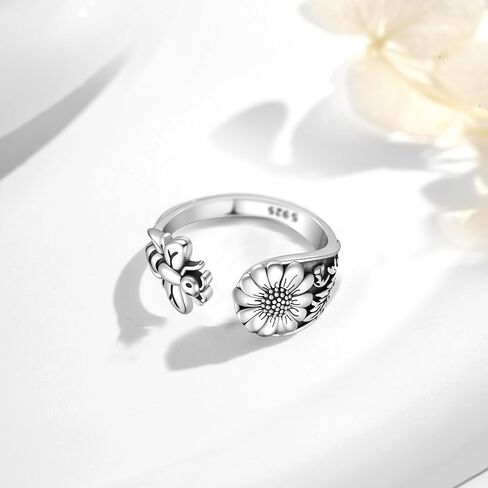 Spoon Ring for Women Men 925 Sterling Silver Bee Flower Rings Open Adjustable Vintage Thumb Rings Jewelry Gifts, Sterling Silver, No Gemstone in Kuwait