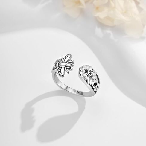 Spoon Ring for Women Men 925 Sterling Silver Bee Flower Rings Open Adjustable Vintage Thumb Rings Jewelry Gifts, Sterling Silver, No Gemstone in Kuwait