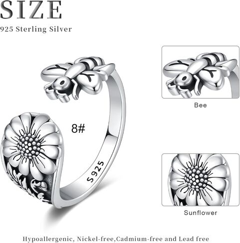 Spoon Ring for Women Men 925 Sterling Silver Bee Flower Rings Open Adjustable Vintage Thumb Rings Jewelry Gifts, Sterling Silver, No Gemstone in Kuwait