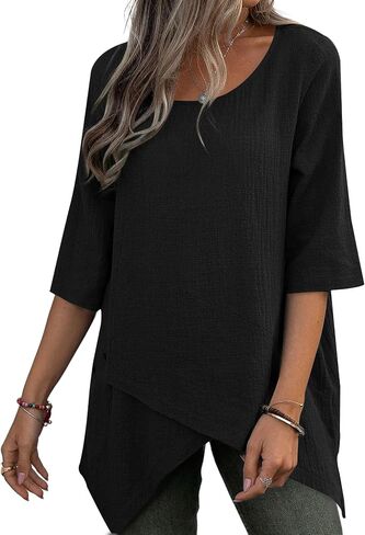 Vrtige Women's Casual Crewneck Wrap Asymmetrical Hem Half Sleeve Blouse Shirt Tunic Top Black X-Large in Saudi Arabia