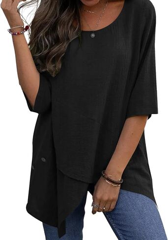 Vrtige Women's Casual Crewneck Wrap Asymmetrical Hem Half Sleeve Blouse Shirt Tunic Top Black X-Large in Saudi Arabia