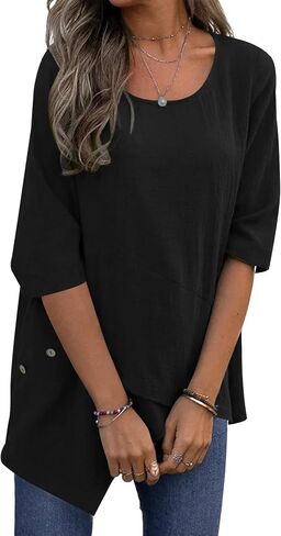 Vrtige Women's Casual Crewneck Wrap Asymmetrical Hem Half Sleeve Blouse Shirt Tunic Top Black X-Large in Saudi Arabia