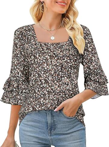 LURANEE Womens Square Neck 3/4 Bell Sleeve Tops Tiered Ruffle Sleeve Summer Shirts Dressy Business Casual Loose Tunic Blouse in Kuwait