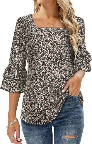 LURANEE Womens Square Neck 3/4 Bell Sleeve Tops Tiered Ruffle Sleeve Summer Shirts Dressy Business Casual Loose Tunic Blouse in Kuwait