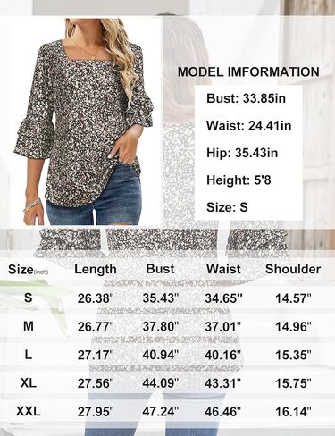 LURANEE Womens Square Neck 3/4 Bell Sleeve Tops Tiered Ruffle Sleeve Summer Shirts Dressy Business Casual Loose Tunic Blouse in Kuwait