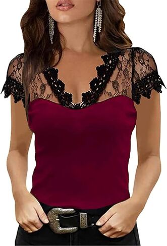 Women's Short Sleeve Slim Solid Color Tunic Top Casual Lace Trim V Neck T Shirt in Kuwait
