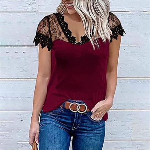 Women's Short Sleeve Slim Solid Color Tunic Top Casual Lace Trim V Neck T Shirt in Kuwait