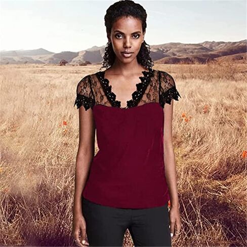 Women's Short Sleeve Slim Solid Color Tunic Top Casual Lace Trim V Neck T Shirt in Kuwait