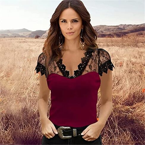 Women's Short Sleeve Slim Solid Color Tunic Top Casual Lace Trim V Neck T Shirt in Kuwait