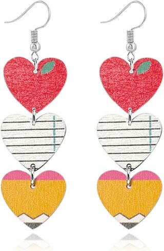Handmade Wooden Pencil Drop Earring Lightweight Apple Rainbow Pencil Dinosaur Book Wood Earrings Funny Caterpillar Teacher Student Dangle Earrings for Women Back to School Gift in Kuwait