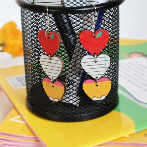 Handmade Wooden Pencil Drop Earring Lightweight Apple Rainbow Pencil Dinosaur Book Wood Earrings Funny Caterpillar Teacher Student Dangle Earrings for Women Back to School Gift in Kuwait
