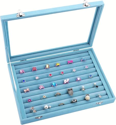 Boewillالزجاج المخملي 100 خواتم منظم مجوهرات خاتم عرض موقف صندوق تخزين أقراط خاتم صندوق مجوهرات حامل حلقة (السماء الزرقاء) in Kuwait