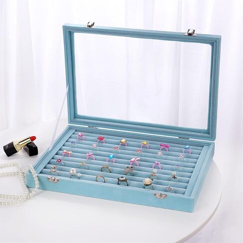 Boewillالزجاج المخملي 100 خواتم منظم مجوهرات خاتم عرض موقف صندوق تخزين أقراط خاتم صندوق مجوهرات حامل حلقة (السماء الزرقاء) in Kuwait