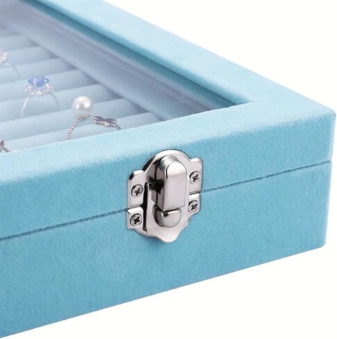 Boewillالزجاج المخملي 100 خواتم منظم مجوهرات خاتم عرض موقف صندوق تخزين أقراط خاتم صندوق مجوهرات حامل حلقة (السماء الزرقاء) in Kuwait