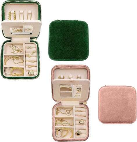 صندوق منظم مجوهرات السفر المخملي المخملي من Benevolence LA Emerald and Dusty Pink | حالة مجوهرات السفر | منظم سفر المجوهرات مع مرآة | حقيبة سفر المجوهرات للنساء in Kuwait