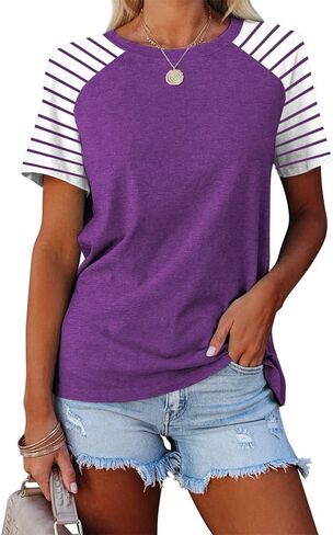 Womens Tops Summer Short Sleeve Shirts Raglan Striped T-Shirts in Saudi Arabia