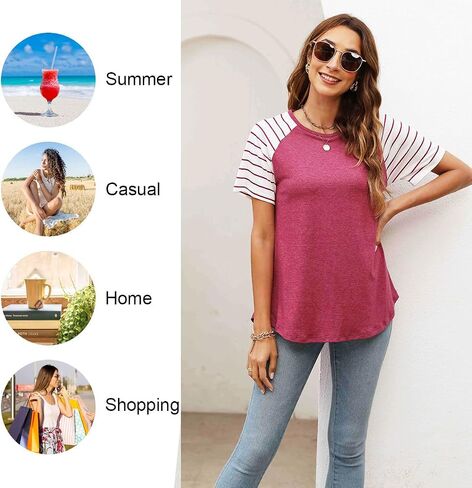 Womens Tops Summer Short Sleeve Shirts Raglan Striped T-Shirts in Saudi Arabia