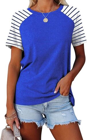 Womens Tops Summer Short Sleeve Shirts Raglan Striped T-Shirts in Saudi Arabia