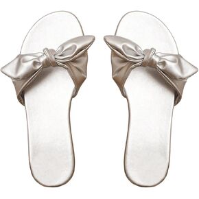 GORGLITTER Bow Sandals PU Leather Flat Sandals Open Toe Slip On Slides Dressy Shoes