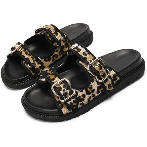 Leopard Print Platform Sandals for Women Slip On Slides Sandals Adjustable Double Buckle Fashion Dressy Flat Shoes for Summer Beach Slipper