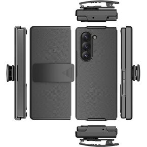 Case with Clip for Samsung Z Fold 6 2024, Jackpot Wireless [Grid Texture] Slim Hard Shell Cover, and [Rotating/Ratchet] Belt Hip Holster Combo