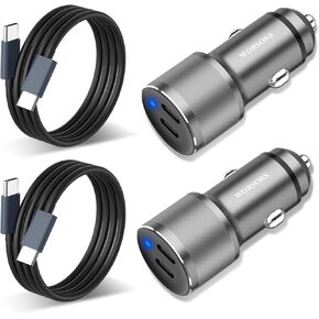 [2 Pack] Dual USB C Car Charger, 60W PD (30W + 30W) Super Fast Charging Adapter Metal for Samsung Galaxy S24 Ultra/S24 Plus/S24/S23/S22, Note 20/10, i Phone 16/15 Pro Max, +2X Type C to C Cable 3.3Ft