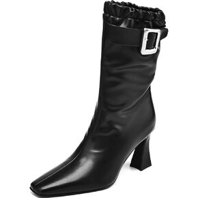 Mid Calf Boots for Women Chunky Block High Heels Ankle Boots Square Toe Booties with Buckles Fashion Boots