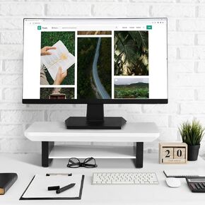 Dual Monitor Stand Riser White, Sturdy Bamboo 2 Tiers Computer Riser Stand for Desk, Multi-Purpose Desktop Organizer Riser for Computer,Laptop,Printer,TV, White+Black