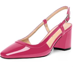 AMBELIGHT Womens Wedding Solid Slingback Square Toe Patent Dress Buckle Chunky Mid Heel Pumps Shoes 2.5 Inch