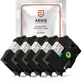 Aegis Adhesives - Label Maker Tape Replacement for Brother TZE Laminated Tape TZE-231 TZ-231 TZe231. 12mm / 0.50 Inch White. Compatible with Brother PT-D210 H110 D220 D410 D600 (5 Pack)