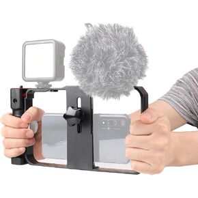FocusFoto Pro Smartphone Video Rig Filmmaking Recording Vlogging Handheld Cage Handle Grip Stabilizer with Triple Cold Shoe Mount, fit for iPhone 12 Pro Max XS X 8 7 6 Plus OnePlus Samsung
