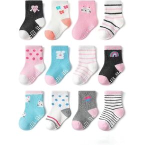 12 Pairs Anti Slip Socks With Grips，Funny Children Socks Ankle Toddler Boys Girls Baby Socks for Ages 1-7