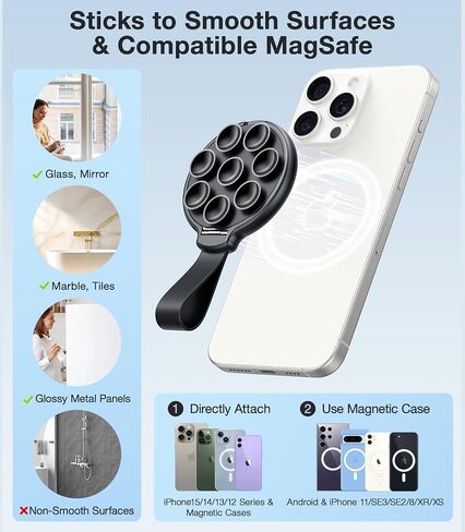 Magnetic Suction Phone Mount for MagSafe Case, Silicone Suction Cup Stand Grip Holder, Designed for iPhone 16 Pro Max/15/14/13/12 Series, Hands-Free Selfie/Video for Content Creator/Influencer, Black in Saudi Arabia