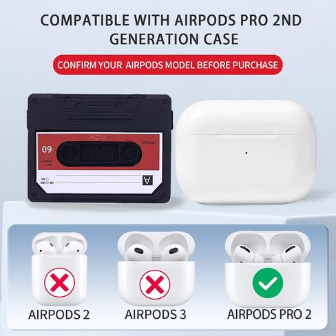 حافظة AirPods Pro الجيل الثاني 2022، تصميم شريط كاسيت، غطاء حماية كامل من السيليكون الناعم ممتص للصدمات لجهاز AirPods Pro 2 مع ملصق أحمر، مصباح LED أمامي مرئي (أسود) in Kuwait