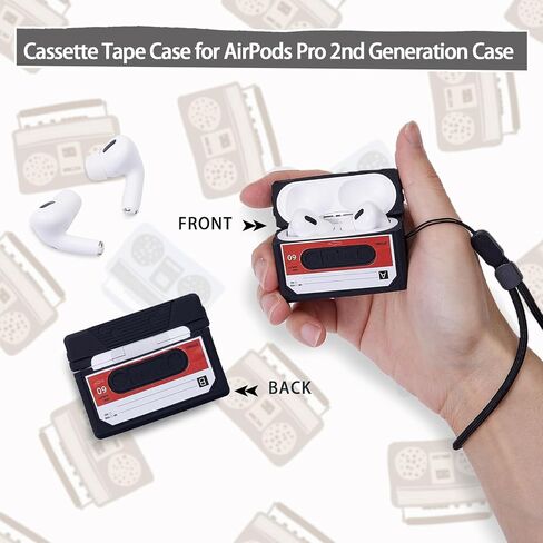 حافظة AirPods Pro الجيل الثاني 2022، تصميم شريط كاسيت، غطاء حماية كامل من السيليكون الناعم ممتص للصدمات لجهاز AirPods Pro 2 مع ملصق أحمر، مصباح LED أمامي مرئي (أسود) in Kuwait