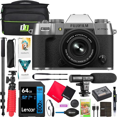 Fujifilm X-T50 Mirrorless Digital Camera Body - Silver + XC 15-45mm F3.5-5.6 OIS PZ Lens 16828868 Bundle with Deco Gear Photography Bag + Microphone + Monopod + Software & Accessories Kit in Saudi Arabia