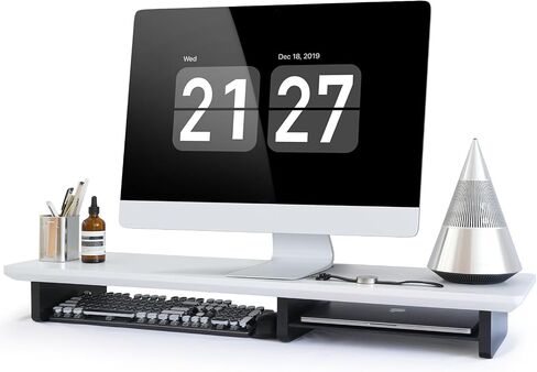 Dual Monitor Stand Riser White, Sturdy Bamboo 2 Tiers Computer Riser Stand for Desk, Multi-Purpose Desktop Organizer Riser for Computer,Laptop,Printer,TV, White+Black in Saudi Arabia