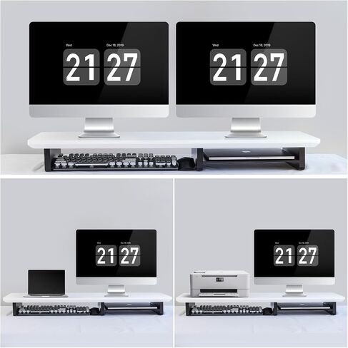Dual Monitor Stand Riser White, Sturdy Bamboo 2 Tiers Computer Riser Stand for Desk, Multi-Purpose Desktop Organizer Riser for Computer,Laptop,Printer,TV, White+Black in Saudi Arabia